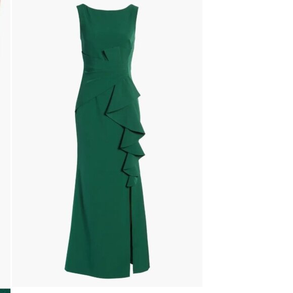 Eliza J Sleeveless Ruffle Front Floor Length Gown Hunter Green 12 - Picture 15 of 16